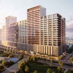 Exterior view of Binghatti Ruby in Jumeirah Village Circle, Dubai, showcasing modern architectural design, luxury apartments, and commercial shops available for sale at pre-launch prices.