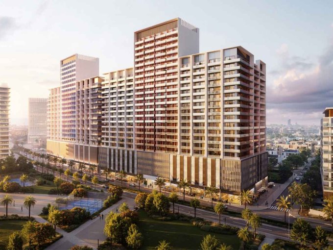 Exterior view of Binghatti Ruby in Jumeirah Village Circle, Dubai, showcasing modern architectural design, luxury apartments, and commercial shops available for sale at pre-launch prices.